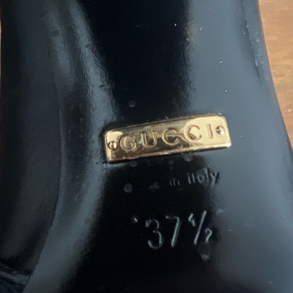 Gucci Black Leather Loafers with Red & Navy Stripe and Gold Hardware - Picture 8 of 9